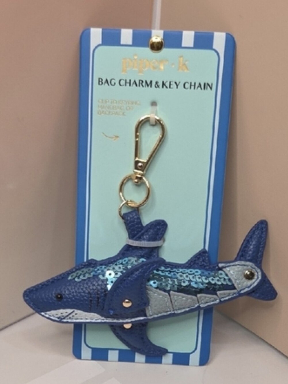 Piper K brand Blue Shark Sequin Bag Charm & Key Chain
